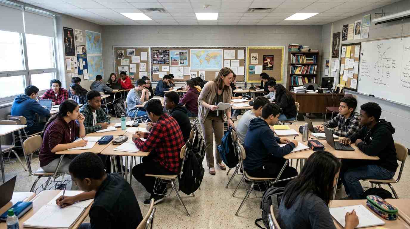 Students participating in an American high school classroom